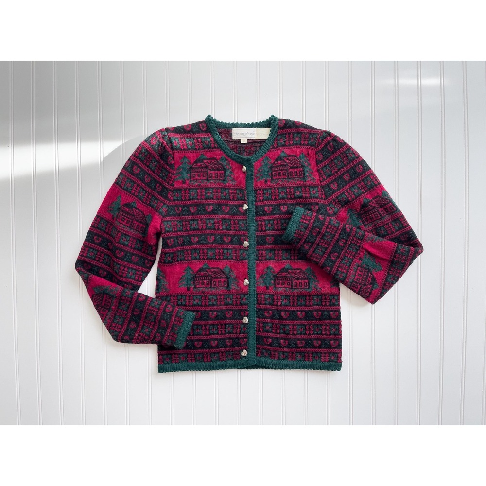 vtg‎ Eagle's Eye Christmas mountain cabin red wool cardigan sweater size S